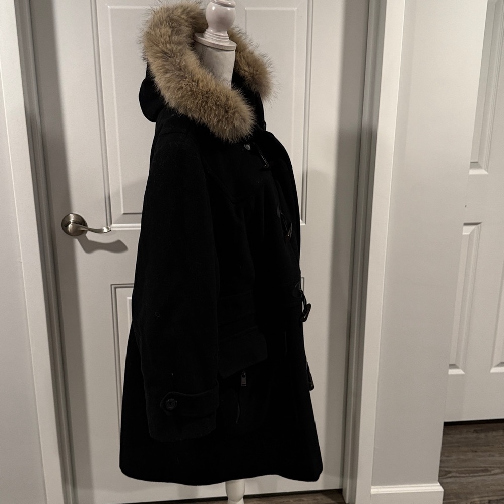 MARC New York Coat Coyote Fur Trimmed Hooded Black Wool Cashmere Coat Size XL - Picture 5 of 12